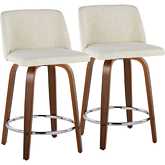 Toriano 24" Swivel Counter Stool in Walnut Wood & Cream Fabric with Chrome Footrest (Set of 2)